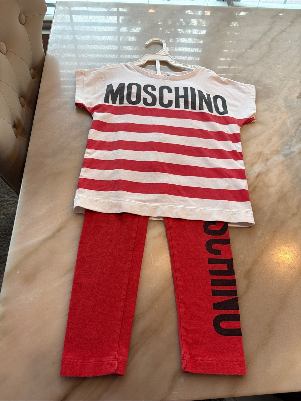 Moschino Kids White & Red Striped Top with Red Logo Leggings